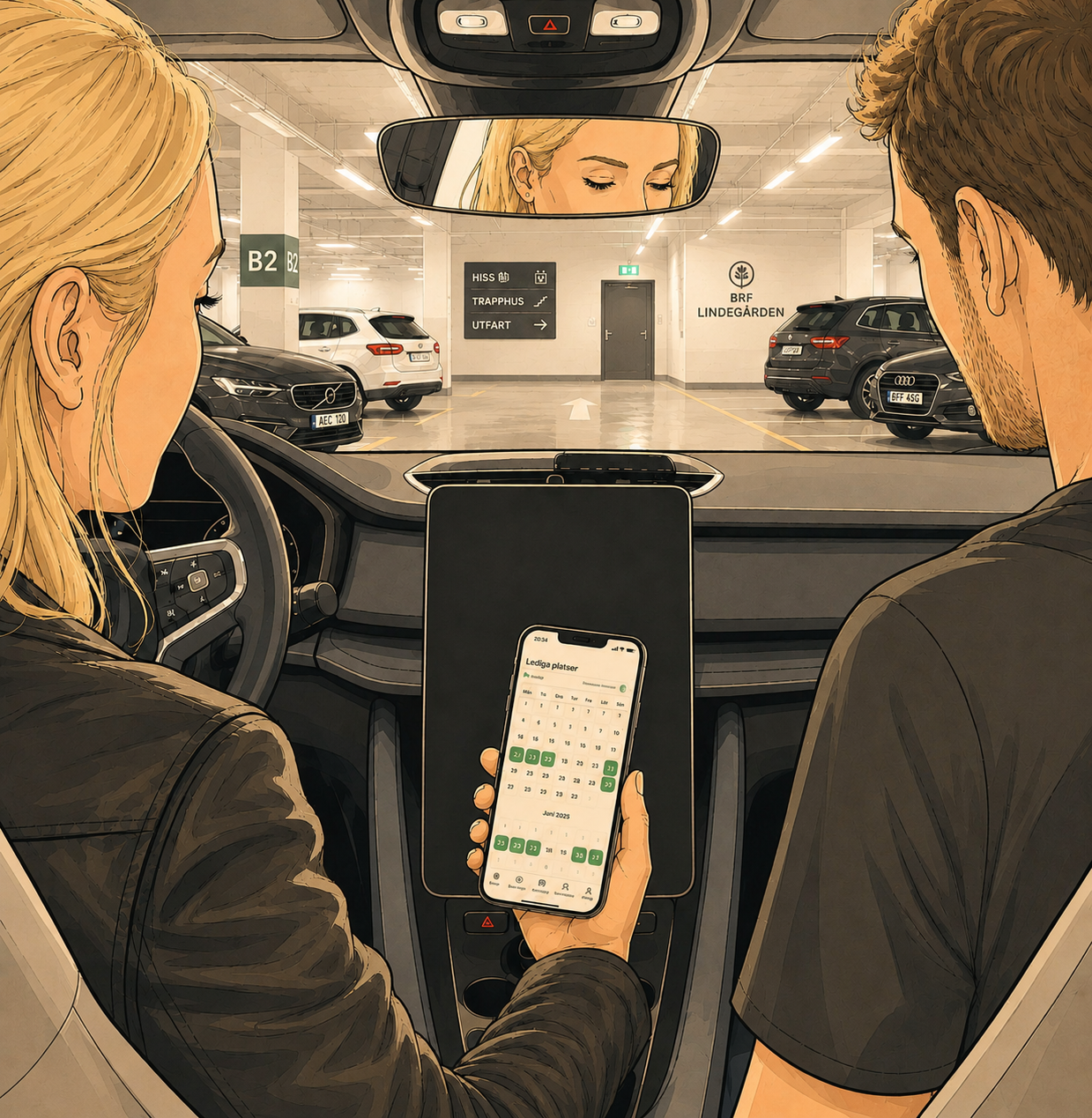Två grannar i en bil tittar på Kindra-appen för att hitta en ledig parkering i garaget